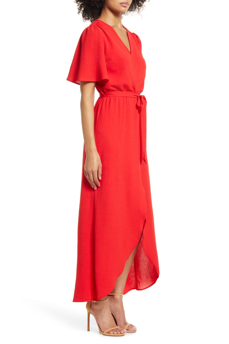 Flutter Sleeve Faux Wrap Maxi Dress, Alternate, color, TOMATO