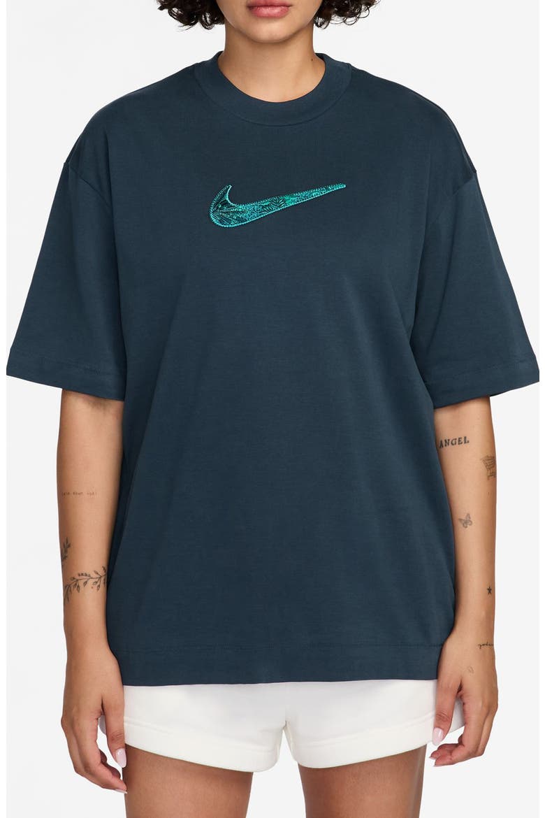 Oversize Luxe Swoosh Appliqué Cotton T-Shirt, Main, color, ARMORY NAVY