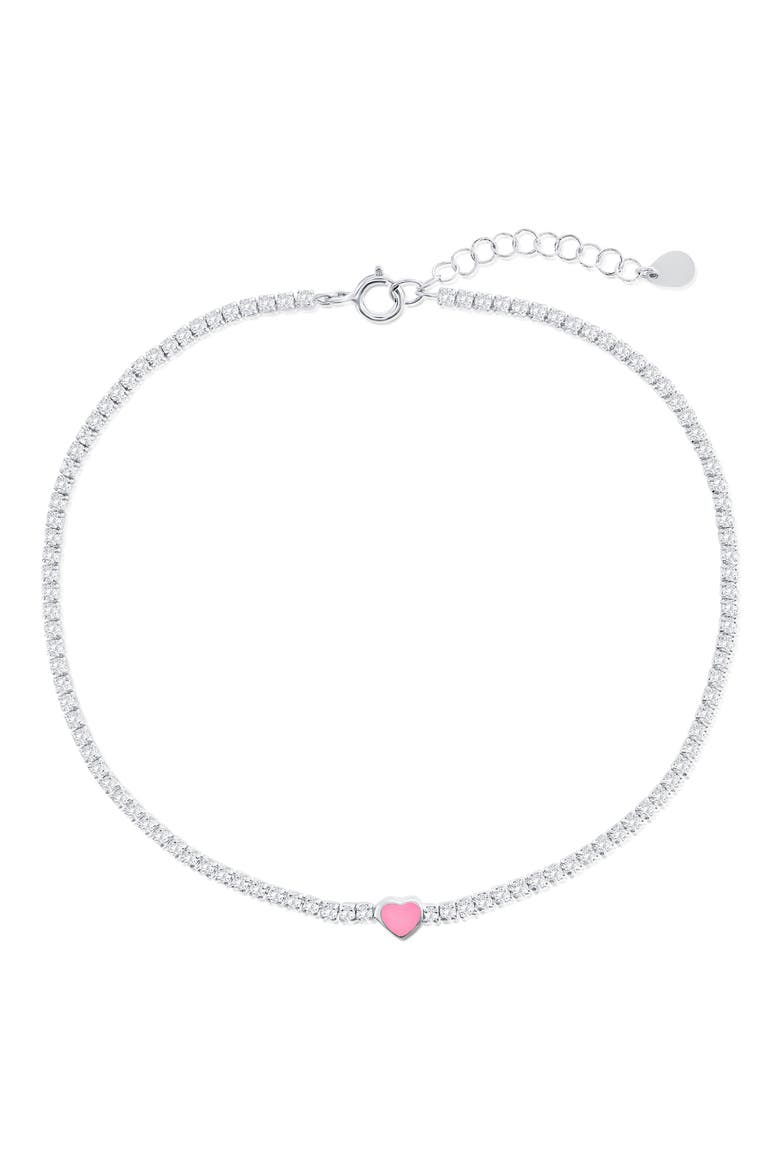 Enamel Heart Cubic Zirconia Tennis Anklet, Main, color, PINK/SILVER