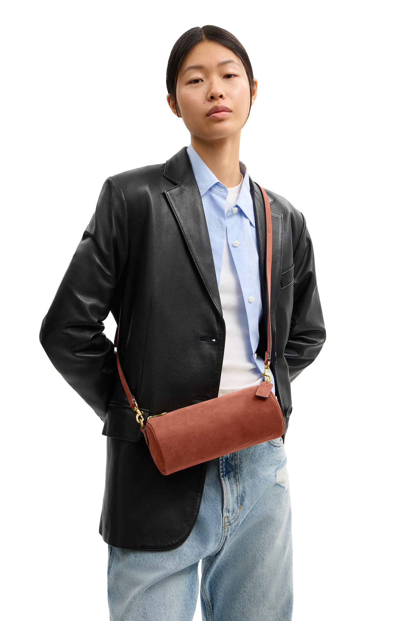 COACH Suede Barrel Bag, Alternate, color, Clay