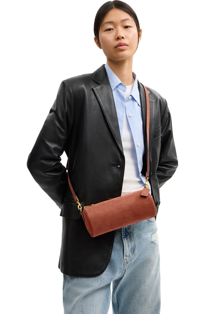 COACH Suede Barrel Bag, Alternate, color, Clay