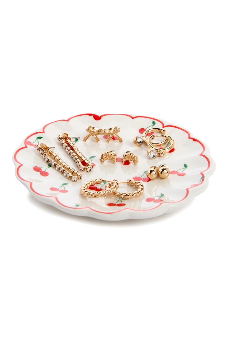 Set of 6 Assorted Earrings & Ceramic Tray, Alternate, color, GOLD- IVORY