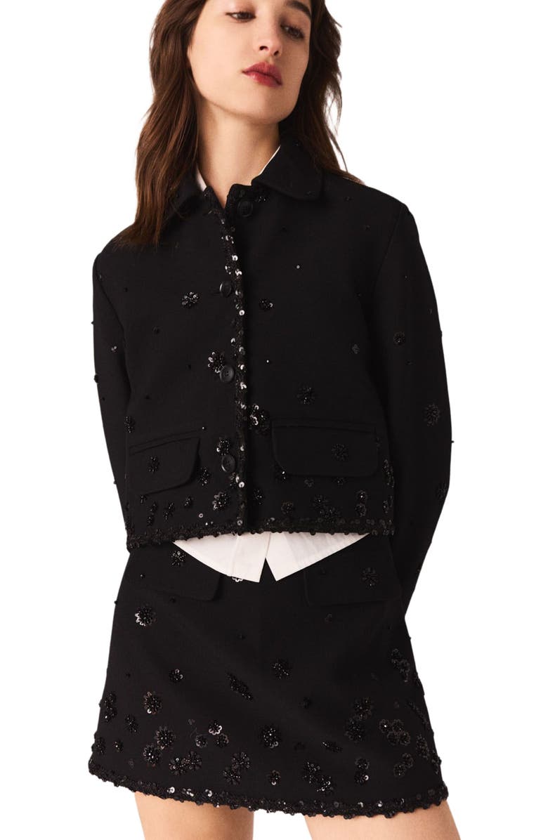 maje Short embroidered jacket, Alternate, color, Black