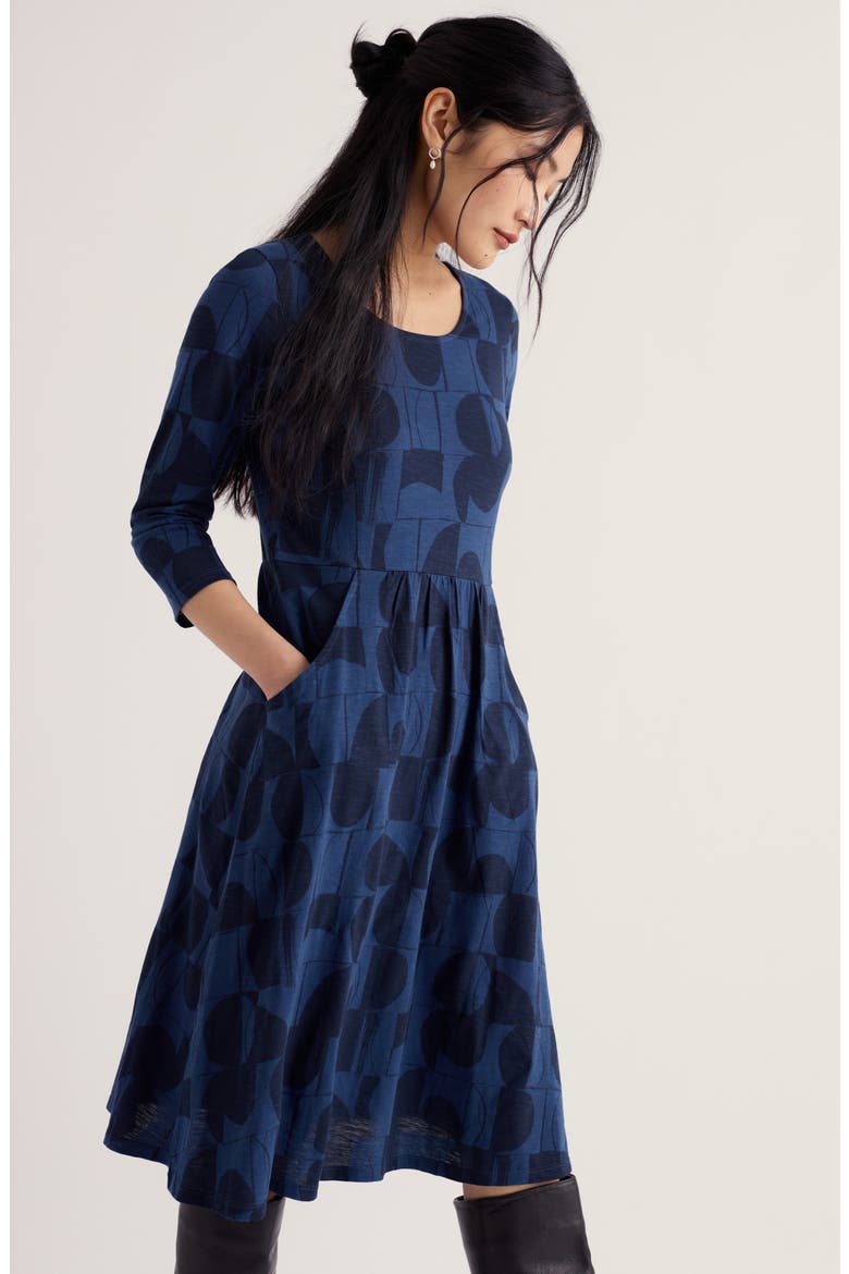 Enor Print Organic Cotton Fit & Flare Dress, Alternate, color, SPLICED ABSTRACT FRENCH BLUE