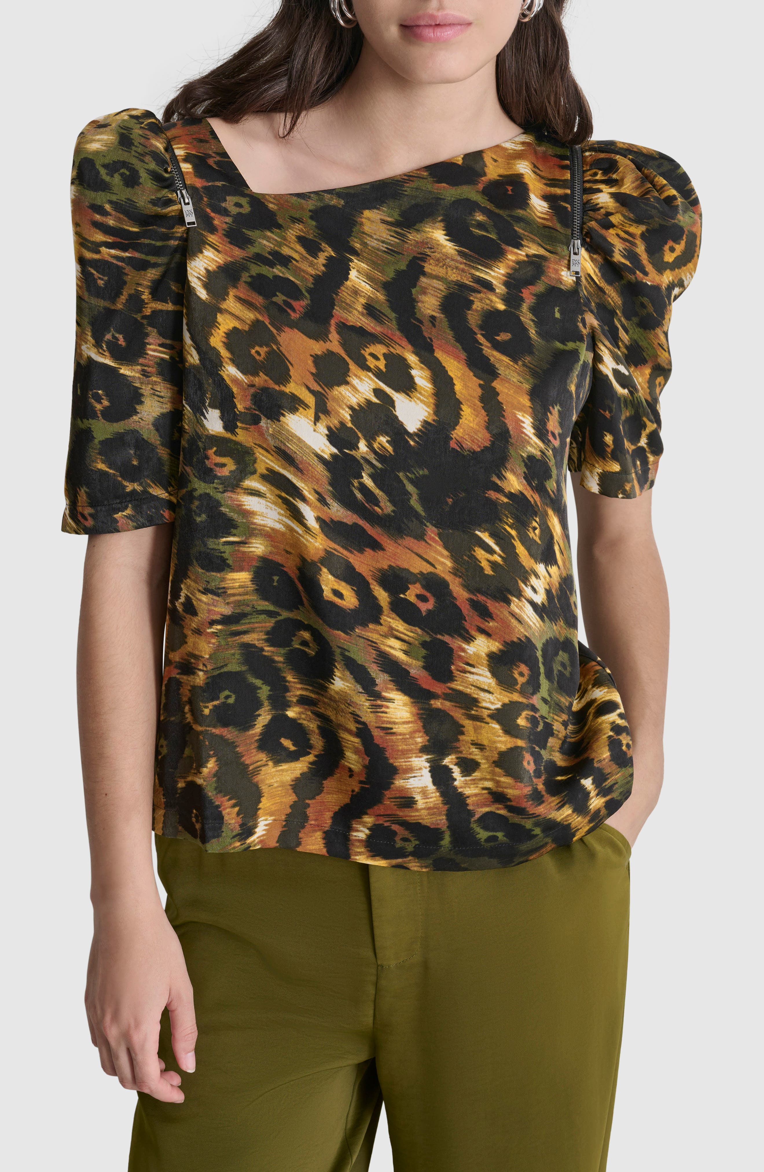 DKNY Print Asymmetric Zip Shoulder Top