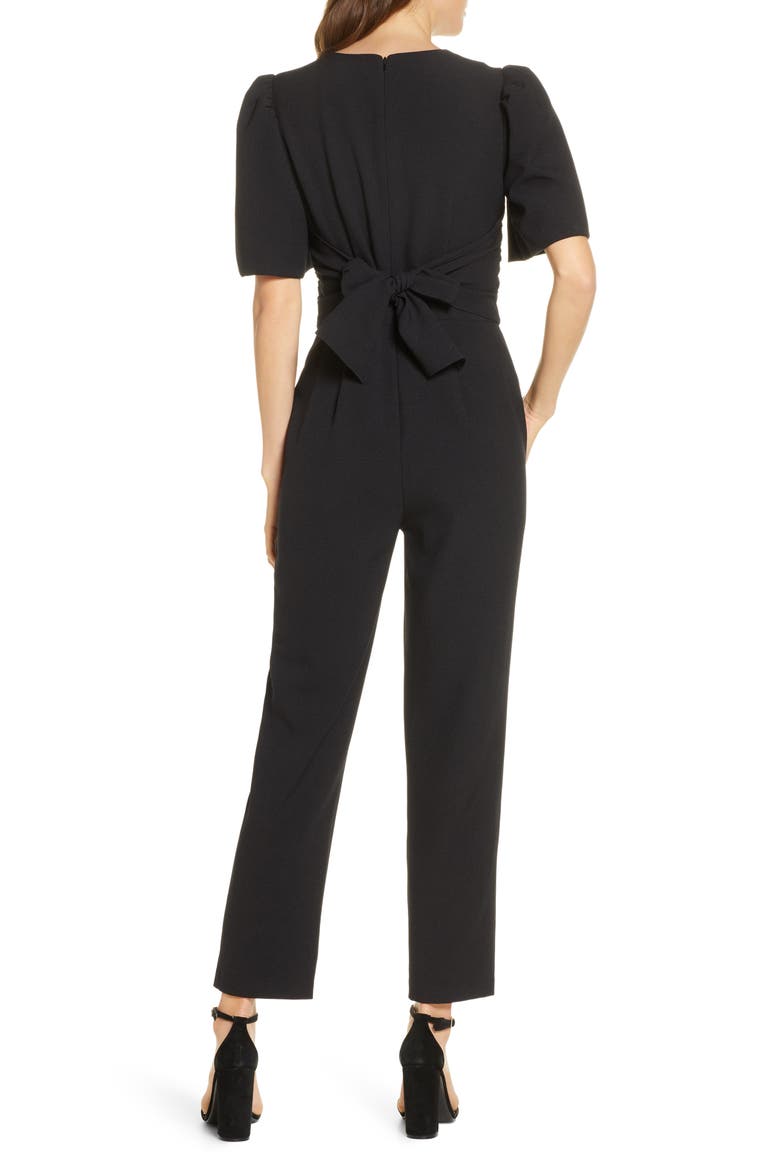 Waist Tie Balloon Sleeve Crepe Jumpsuit, Alternate, color, BLACK