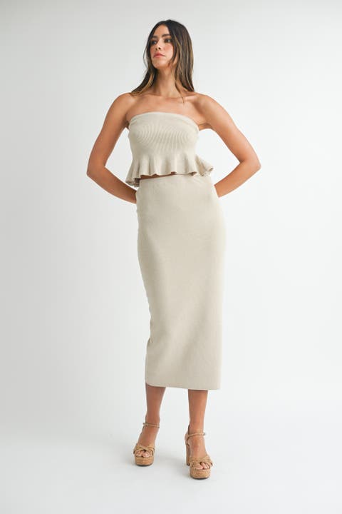 Strapless Ribbed Knit Peplum Top Midi Skirt Set