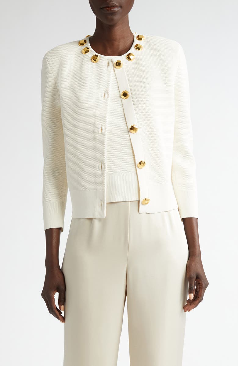 ST. JOHN Studded Piqué Cardigan, Main, color, Ecru