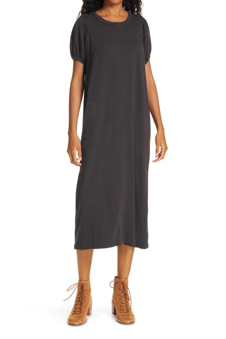 The Puff Sleeve Midi T-Shirt Dress, Main, color, ALMOST BLACK
