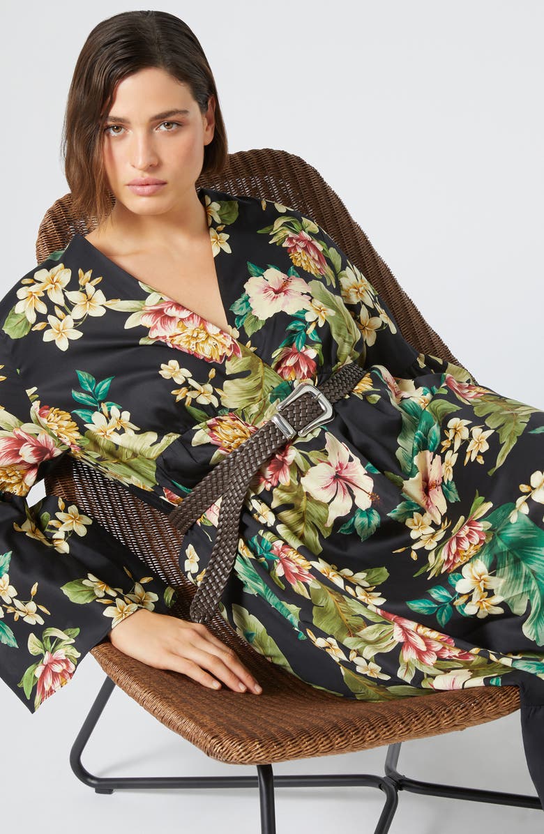 Marina Rinaldi Medeola Floral Print Ruffle Hem Maxi Dress, Alternate, color, Black