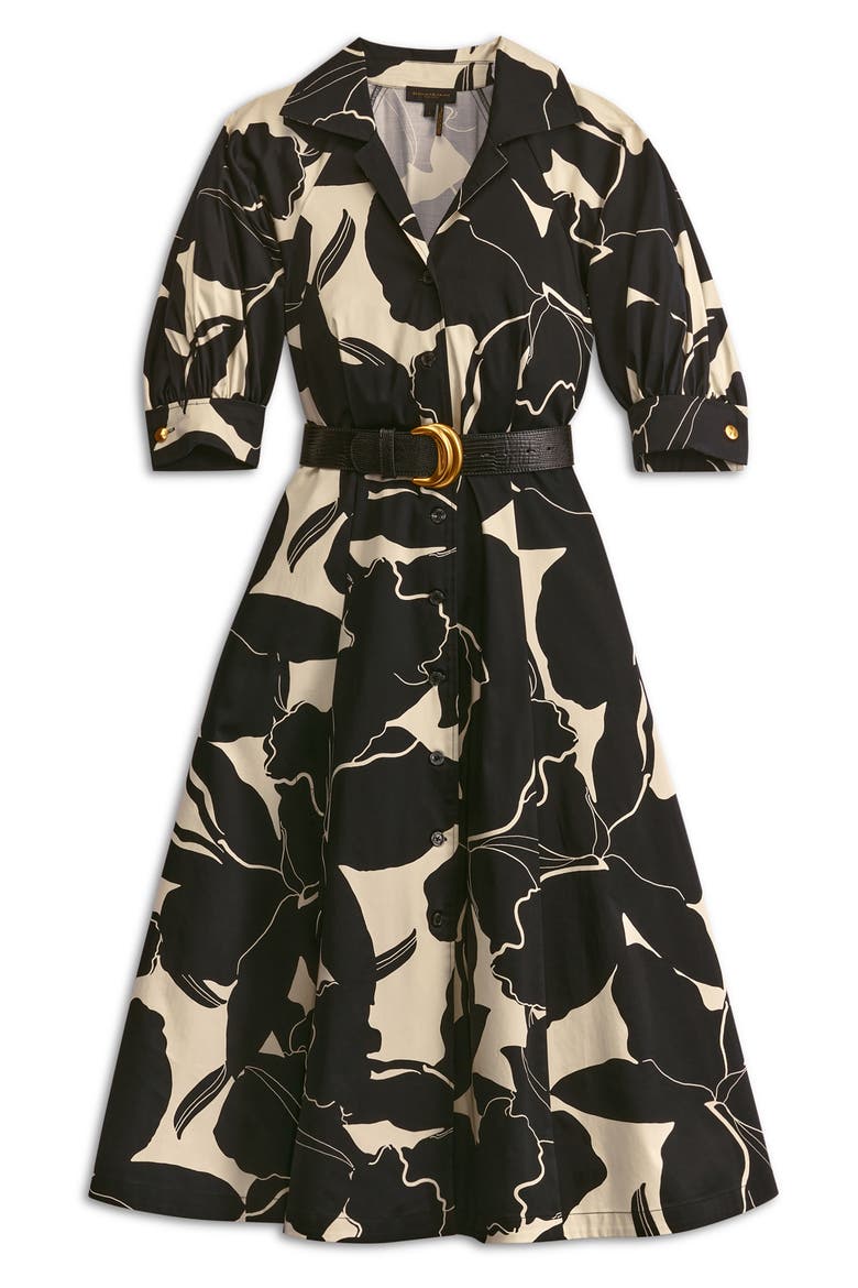 Floral Stretch Cotton Midi Shirtdress, Alternate, color, BLACK/ PARCHMENT