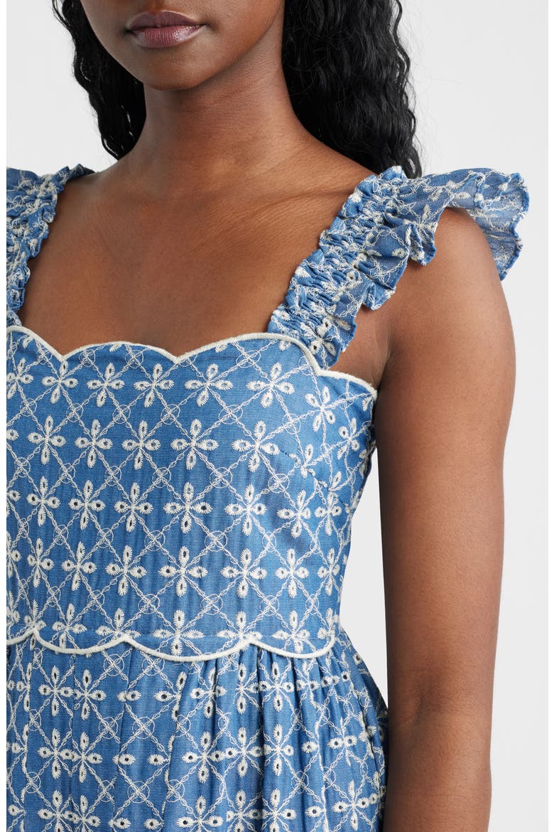 Embroidered Flutter Sleeve Cotton Blend Midi Dress, Alternate, color, BLUE
