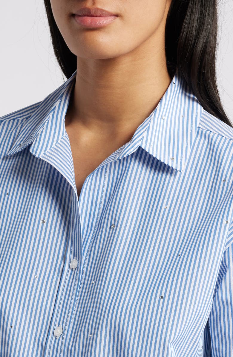 beachlunchlounge Irene Rhinestone Stripe Cotton Blend Button-Up Shirt, Alternate, color, 