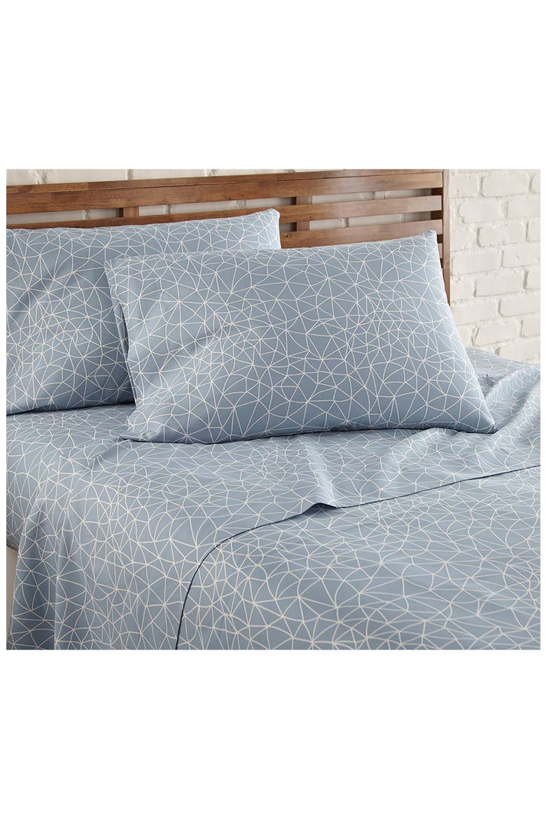 Queen Sized Modern Printed Sheet Set - Blue /White, Alternate, color, GEOMETRIC MAZE - BLUE / WHITE