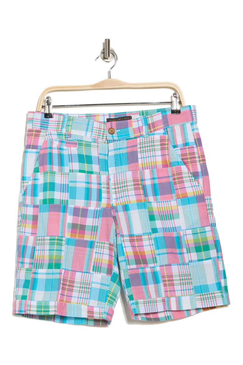 Acid Wash Patchwork Madras Plaid Shorts, Alternate, color, SKY BLUE