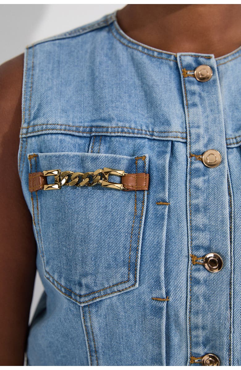 Karen Millen Tipping Sleeveless Midi Denim Dress, Alternate, color, Light Blue