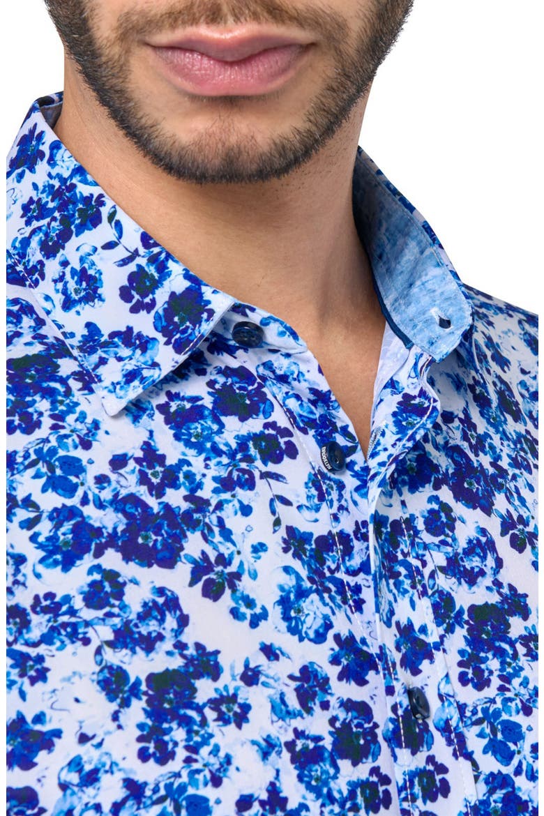 Slim Fit Watercolor Floral 4-Way Stretch Performance Long Sleeve Shirt, Alternate, color, BLUE