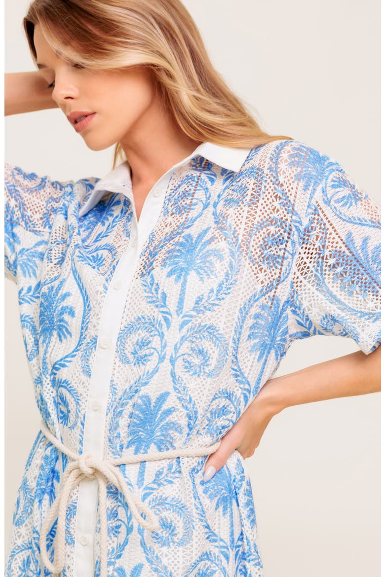 Palm Print Short Sleeve Lace Shirtdress, Alternate, color, IVORY BLUE