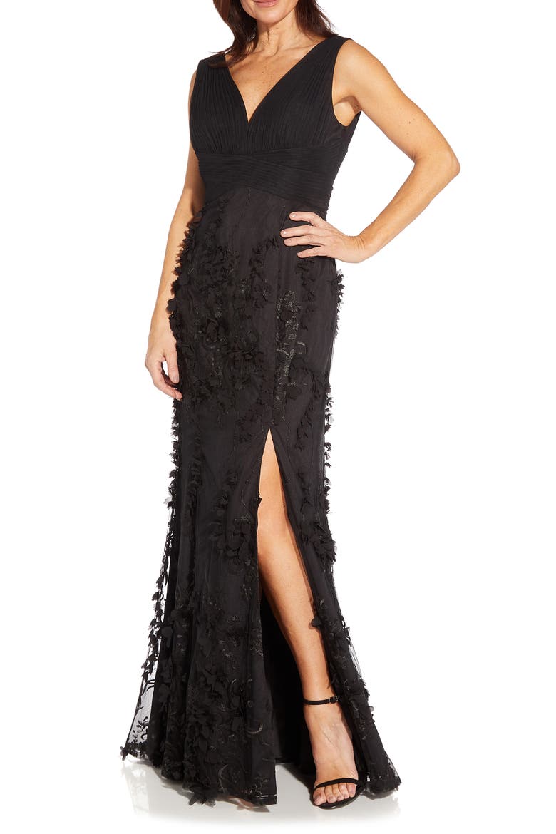 Embroidered Mesh Trumpet Gown, Alternate, color, BLACK