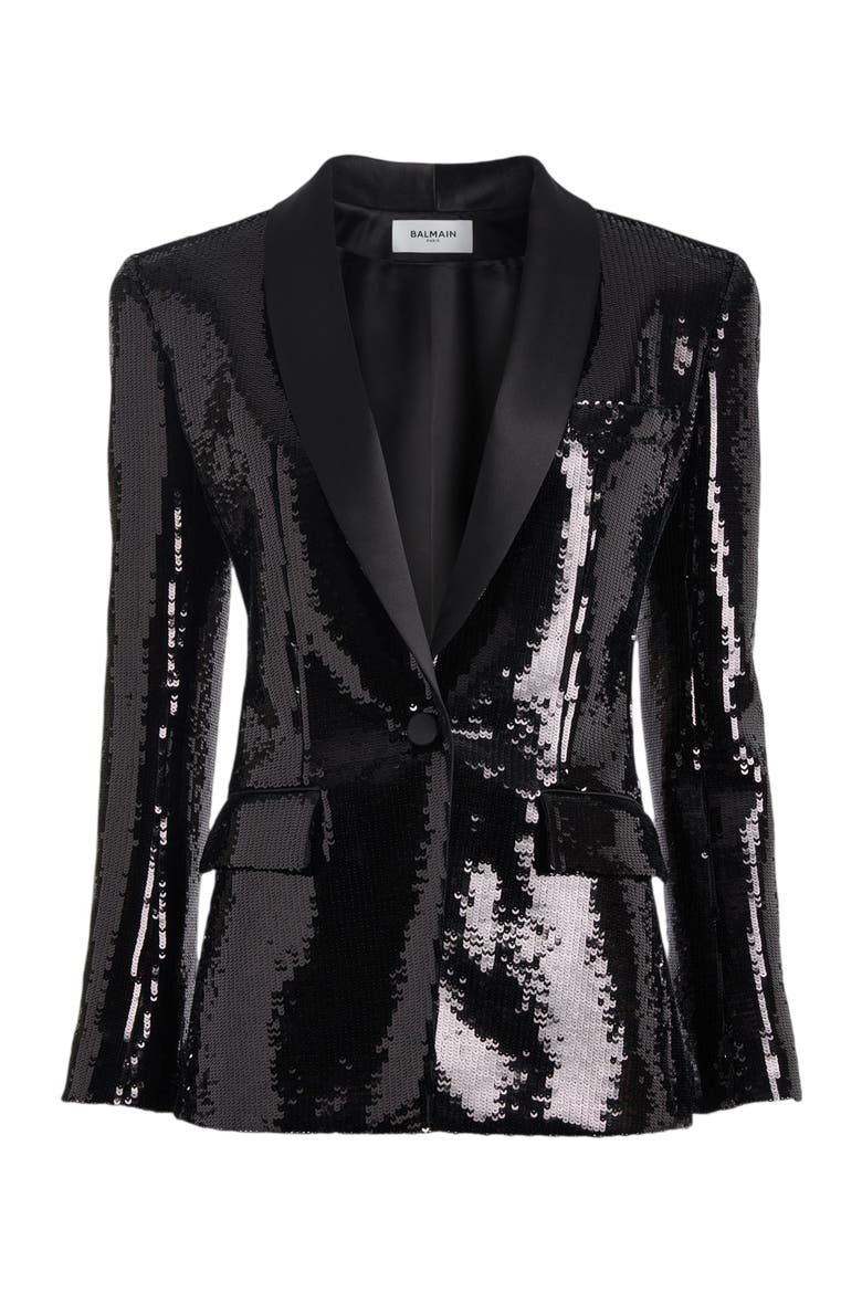 1-Button Satin Jacket with Sequins, Alternate, color, Black