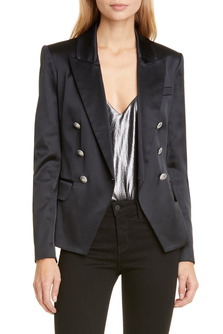 Kenzie Satin Double Breasted Blazer, Main, color, BLACK
