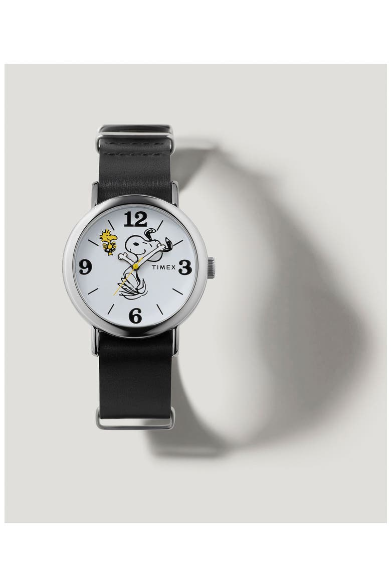 Peanuts® x Timex Weekender Snoopy 40mm Leather Strap Watch, Alternate, color, WHITE/ SILVER-TONE