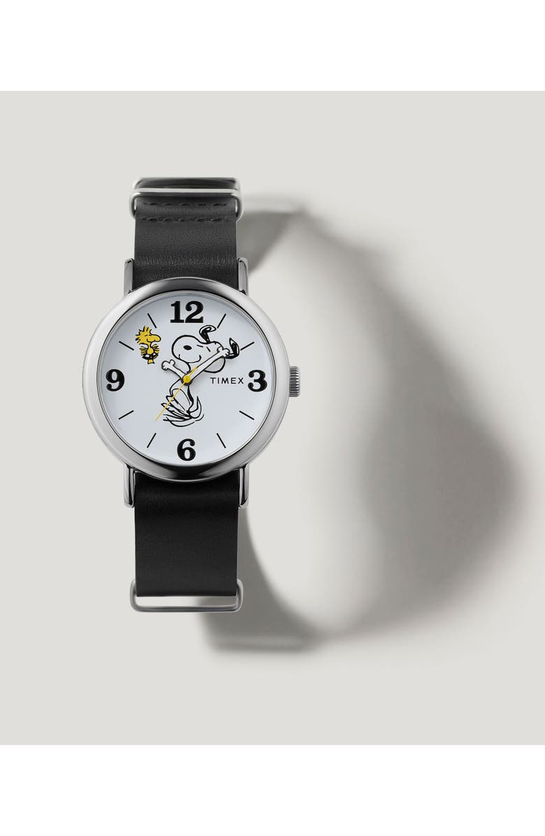 Timex<sup>®</sup> Peanuts<sup>®</sup> x Timex Weekender Snoopy 40mm Leather Strap Watch, Alternate, color, White/ Silver-Tone