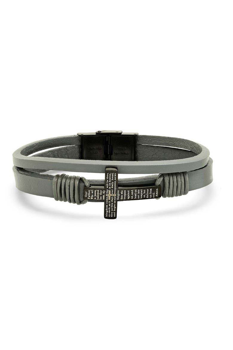 Men's Cross Charm Leather Bracelet, Main, color, BLACK