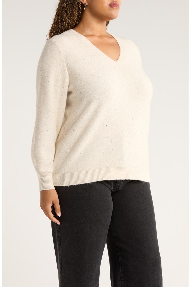 Sequin V-Neck Sweater, Alternate, color, BEIGE OATMEAL LIGHT HEATHER