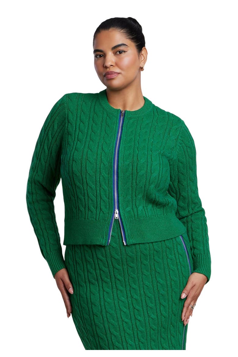 Contrast Zipper Cable Knit Cardigan, Main, color, VERDANT GREEN