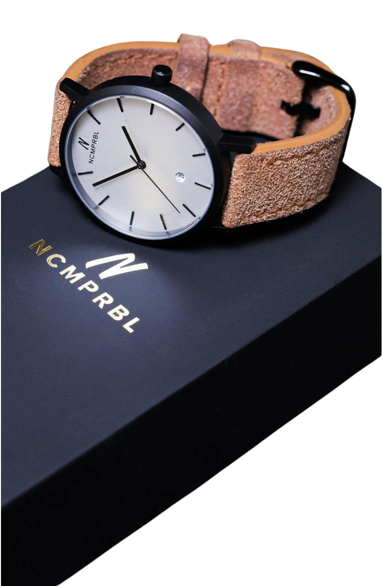 NCMPRBL Iced Coffee Suede Leather Strap Watch, 40MM, Alternate, color, Brown/Eggshell White/Gunmetal