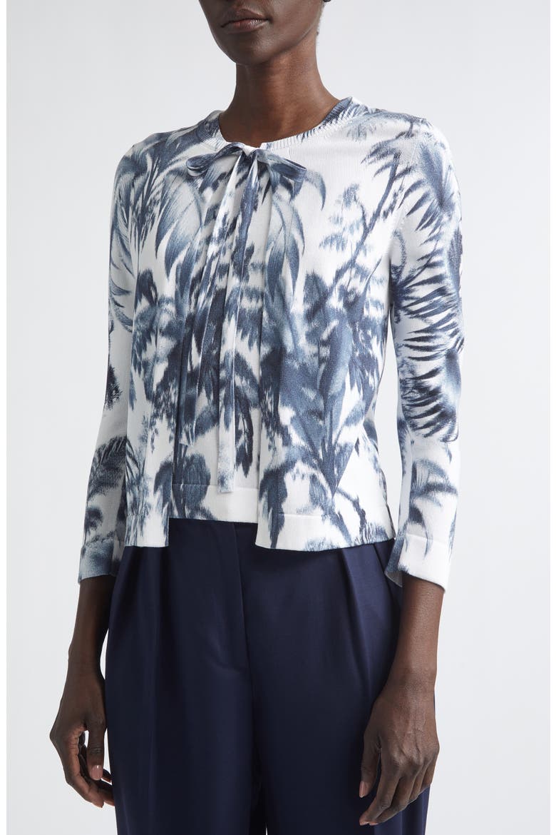Print Palm Leaf Cotton Blend Cardigan, Alternate, color, NAVY/ WHITE