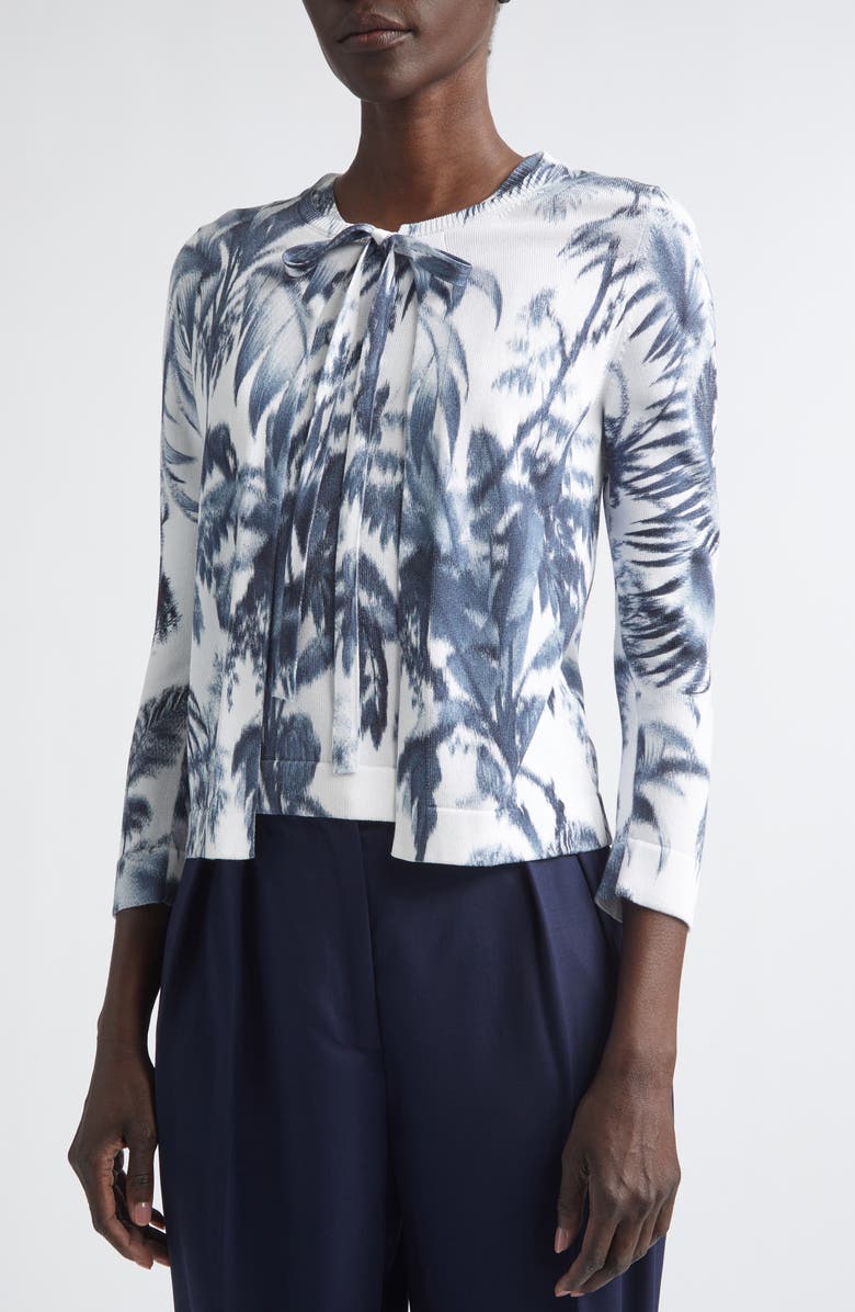 Oscar de la Renta Print Palm Leaf Cotton Blend Cardigan, Alternate, color, Navy/ White
