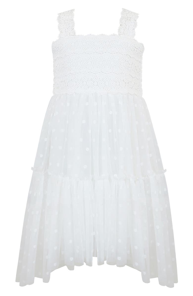 Zunie Kids' Clip Dot Chiffon High-Low Dress, Main, color, Ivory