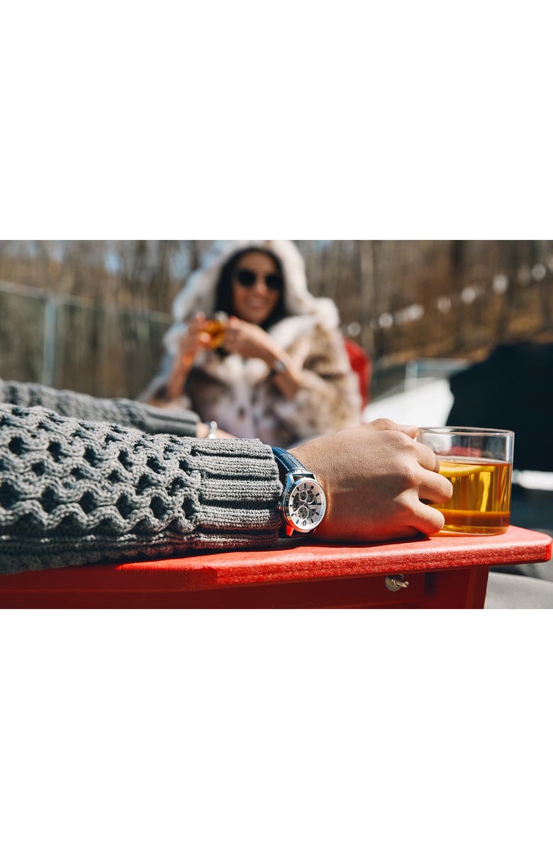 BULOVA Sutton Skeleton Automatic Leather Strap Watch, 40mm, Alternate, color, Blue