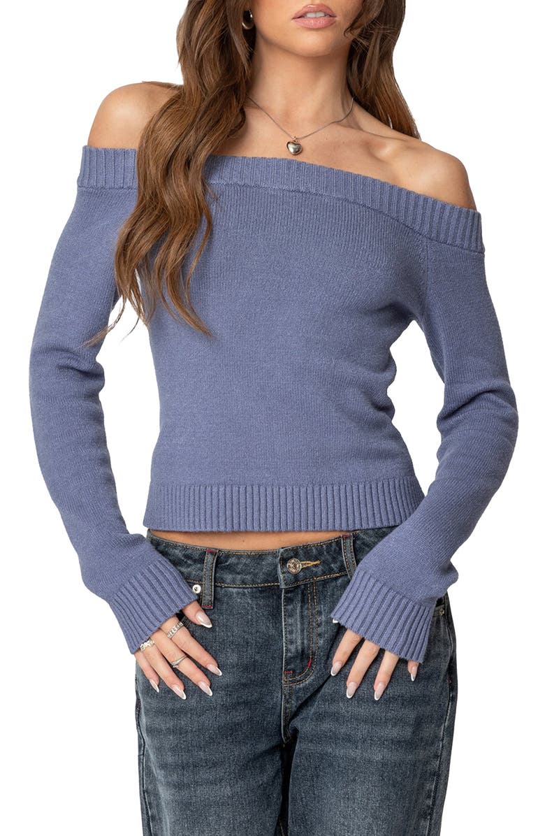 EDIKTED Elona Off the Shoulder Long Sleeve Knit Top, Main, color, Blue