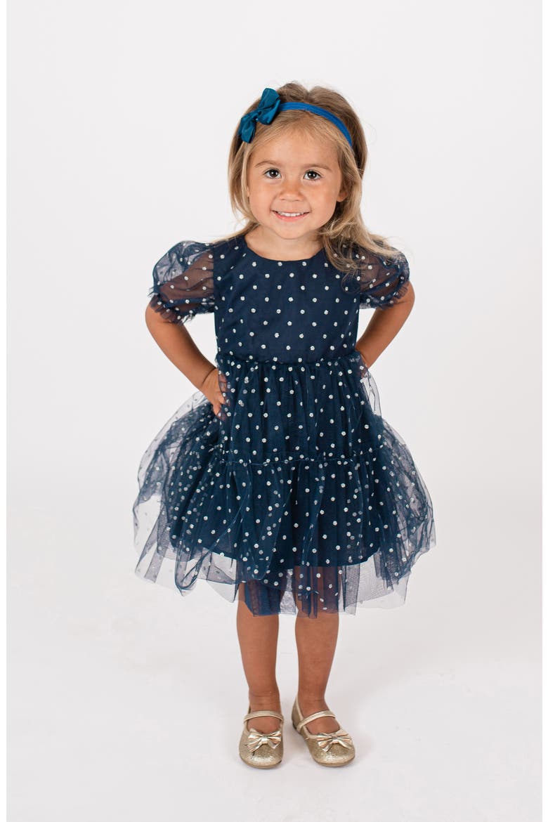 Polka Dot Puff Sleeve Tulle Party Dress, Main, color, NAVY