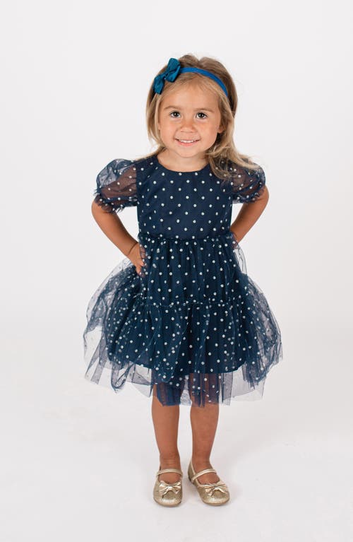 Popatu Polka Dot Puff Sleeve Tulle Party Dress in Navy 