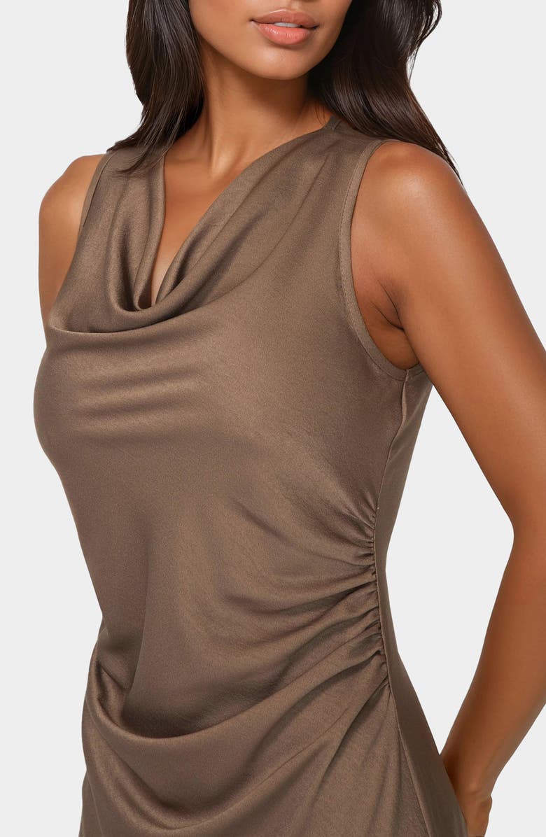 bebe Crepe Satin Cowl Neck Midi Dress, Alternate, color, Mocha