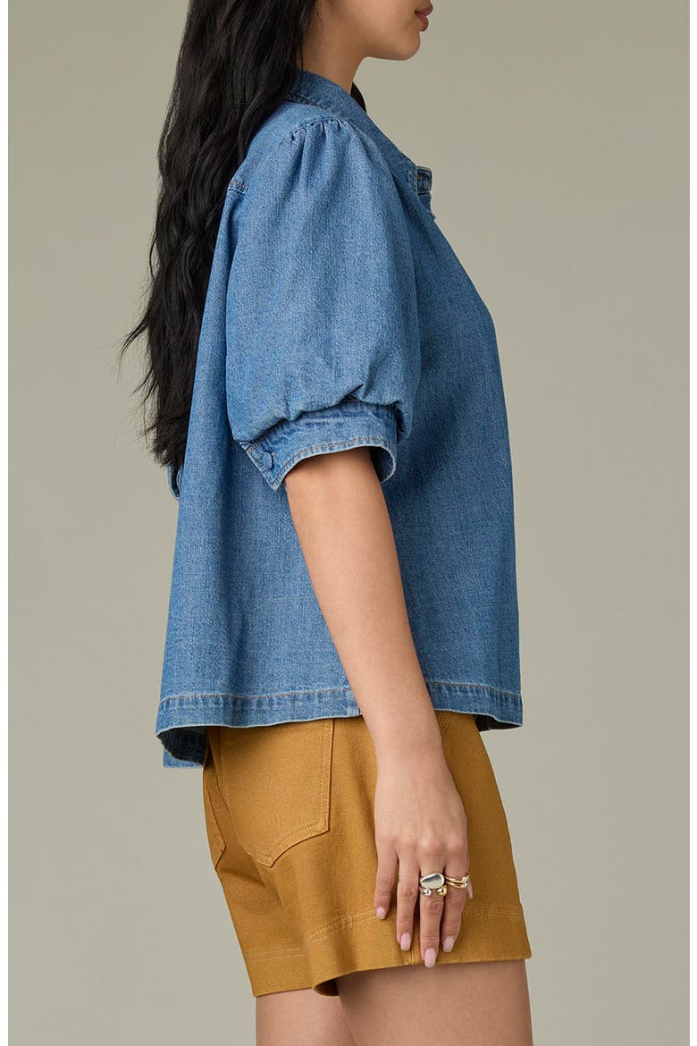 Puff Sleeve Denim Shirt, Alternate, color, MID BLUE