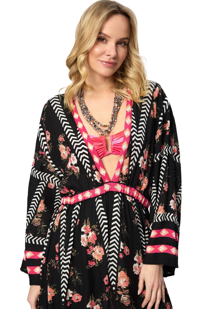 Floral Print Plunge Neck Cover-Up Kaftan, Alternate, color, BLACK COMBO
