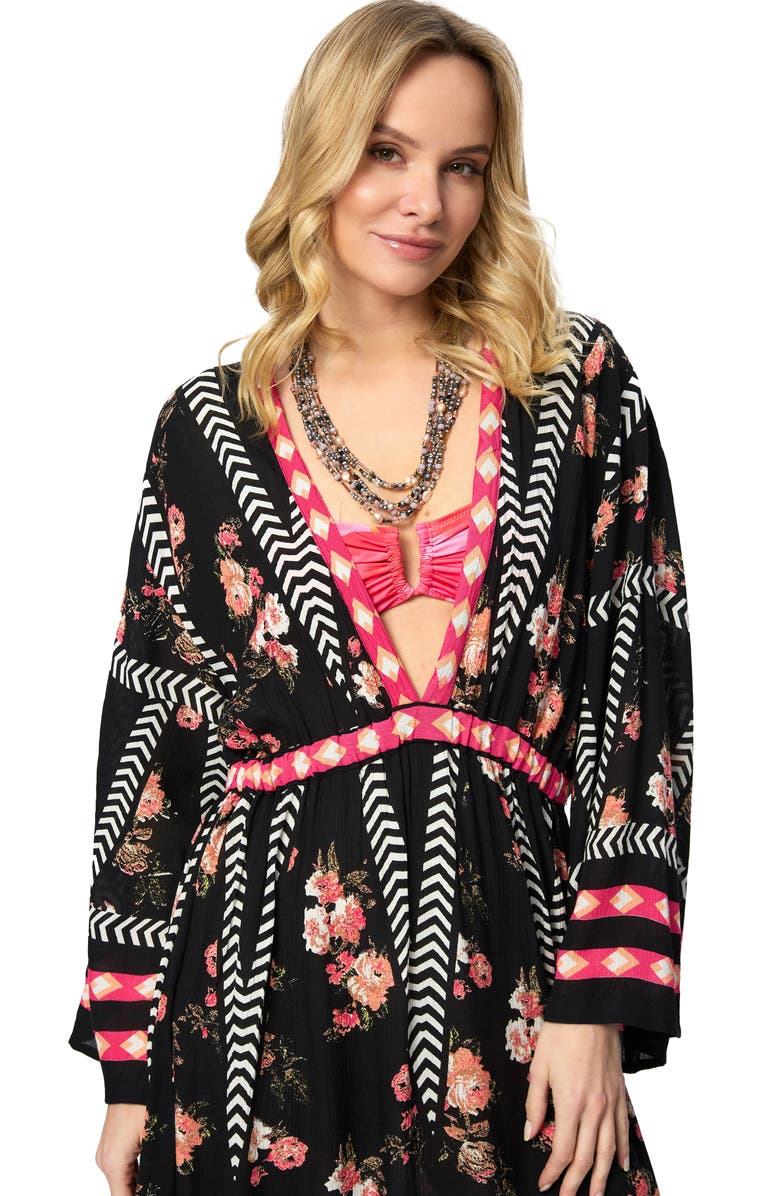 SAACHI Floral Print Plunge Neck Cover-Up Kaftan, Alternate, color, Black Combo