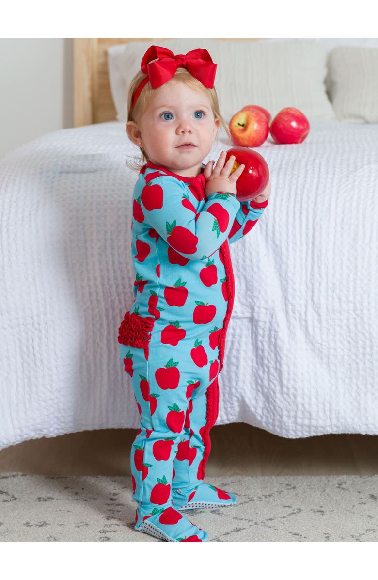 RuffleButts Baby Girls Modal Blend Ruffle One Piece Footie Pajamas, Alternate, color, Blue Apple Of My Eye