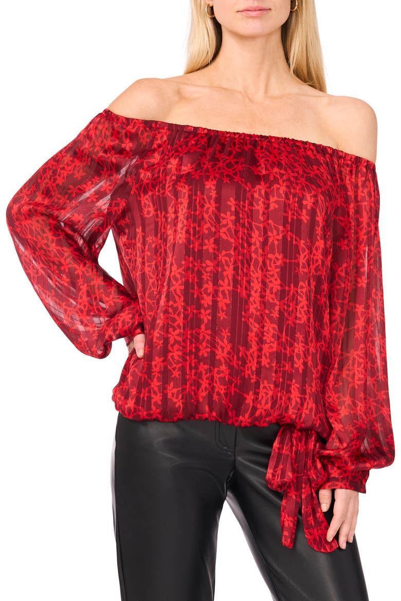 Floral Metallic Stripe Off the Shoulder Top, Main, color, CRIMSON