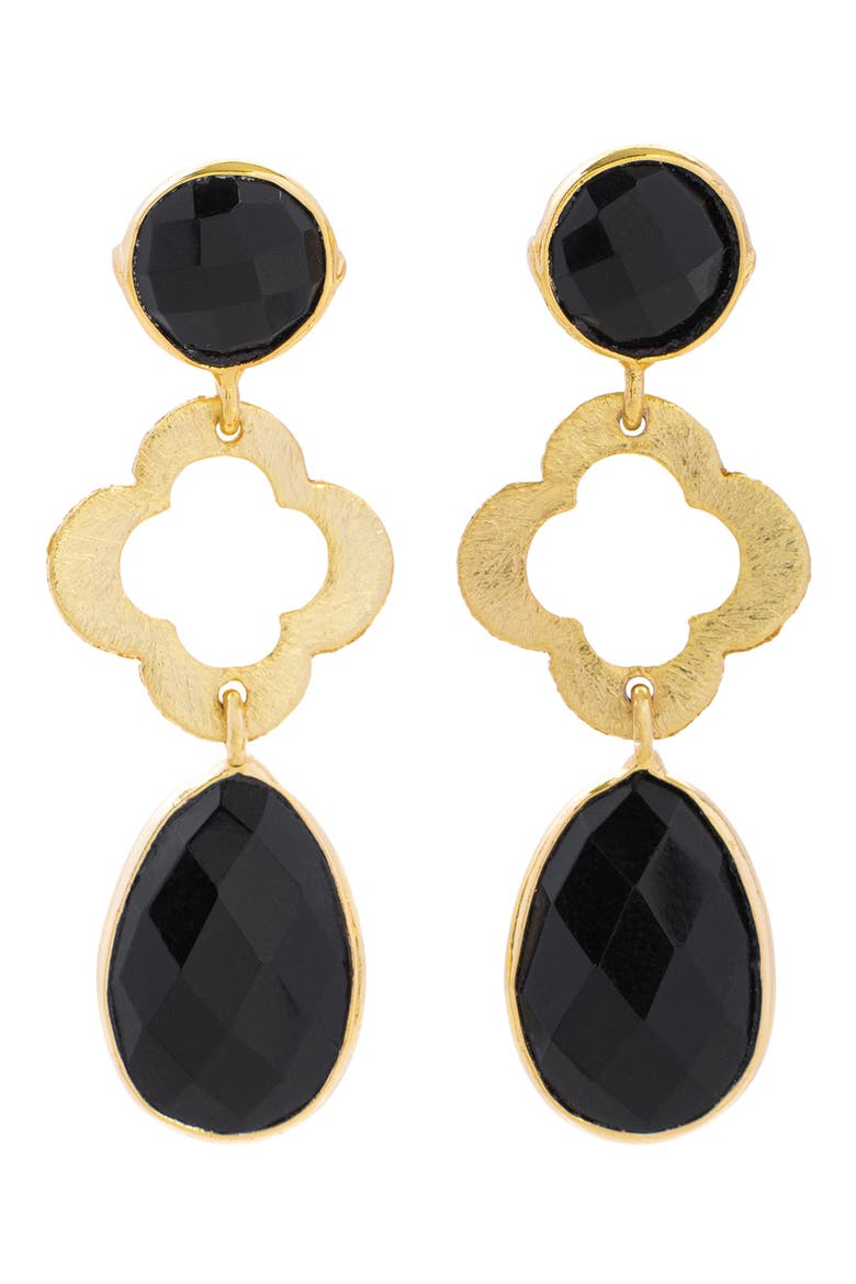 Quatrefoil Stone Drop Earrings, Main, color, BLACK