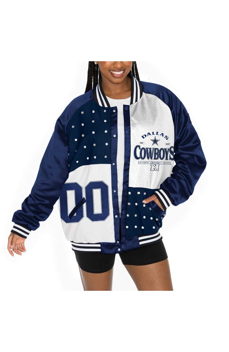 GAMEDAY COUTURE Women's Gameday Couture Navy/White Dallas Cowboys Oversized Hot Shot Rhinestone Throwback Full-Snap Varsity Bomber Jacket, Main, color,