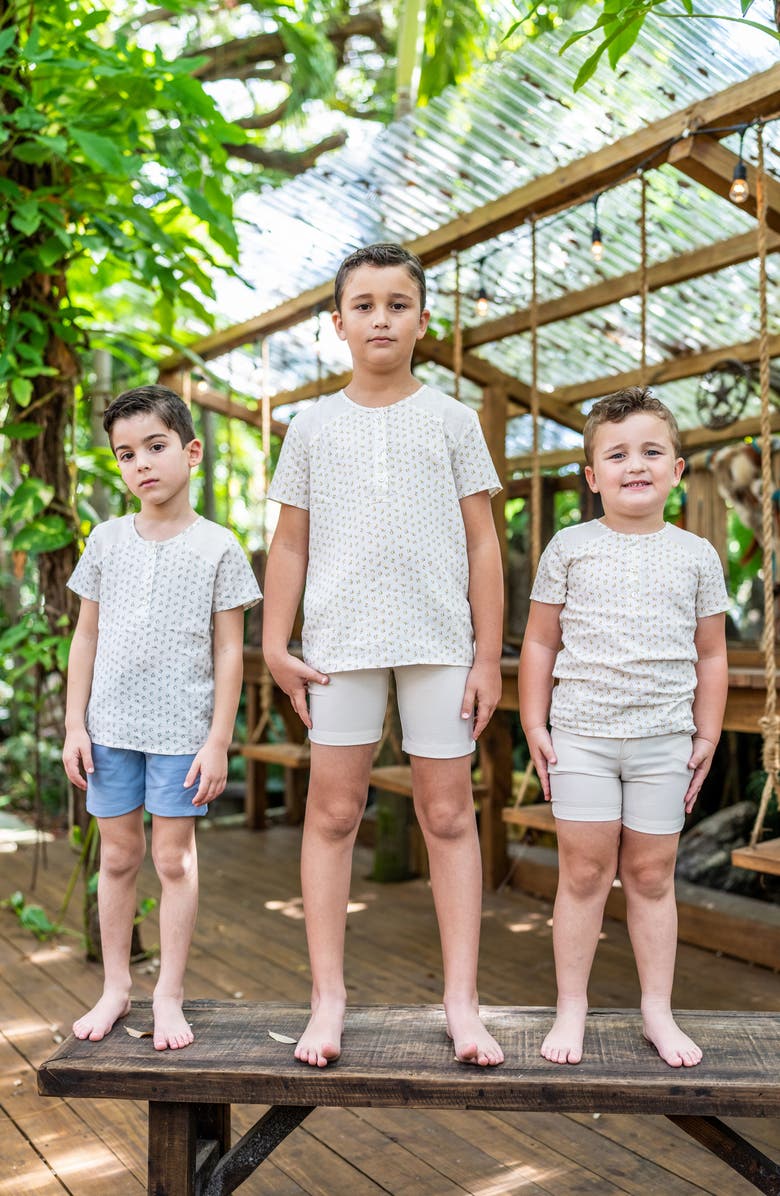 Manière Kids' Blossom Print Textured Cotton Blend Henley, Alternate, color, Blue