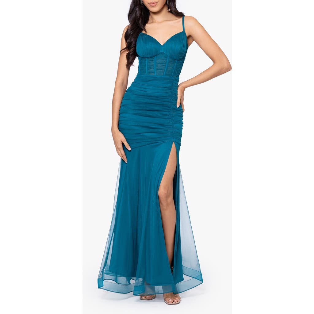 Blondie Nites Ruched Corset Mermaid Gown In Blue