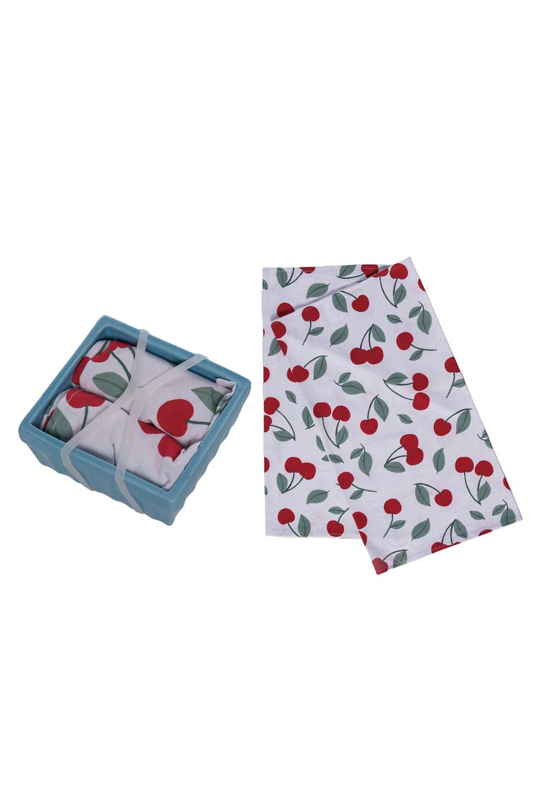 Dolomite Berry Basket with Tea Towels Set of 3 Multicolored for Spring Serving and Entertaining, Main, color, Multicolored