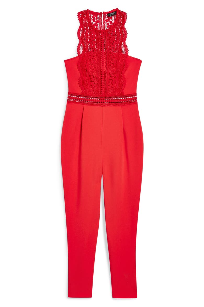 Saskia Lace Trim Jumpsuit, Alternate, color, RED